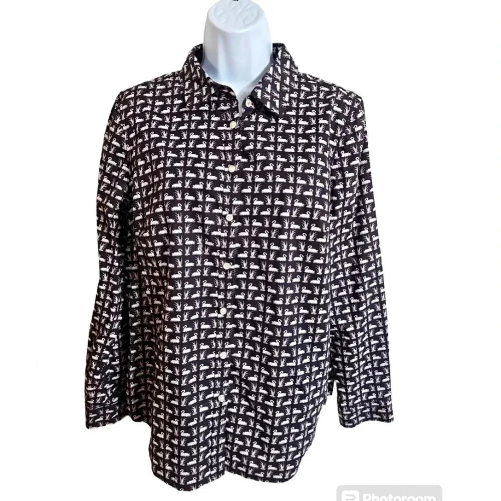 Talbots Womens 14P Shirt Black Cotton Swan Print Button Up Timeless Whimsigoth - Picture 2 of 8